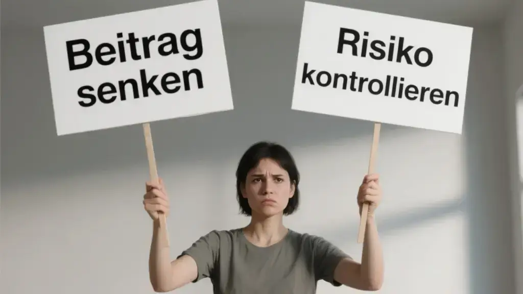 Eine Person hält zwei Schilder hoch. Auf einem steht "Beitrag senken", auf dem anderen "Risiko kontrollieren". Das Bild visualisiert den Zielkonflikt und die Notwendigkeit einer bewussten Entscheidung.